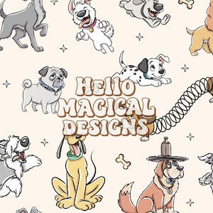 May include: A repeating pattern featuring various cartoon dogs including a pug, a dalmatian, and a slinky dog on a light cream background with small stars and bones. The text HELLO MAGICAL DESIGNS is centered in a brown, rounded, bubble-style font.