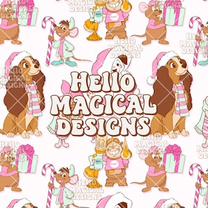 May include: A repeating pattern featuring cartoon characters including a brown spaniel dog in a pink hat and scarf, mice holding candy canes or gifts, and a candlestick character. The text HELLO MAGICAL DESIGNS is centered in large letters.