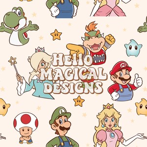 May include: A repeating pattern featuring various Nintendo characters including Mario, Luigi, Princess Peach, Rosalina, Toad, Yoshi, and Bowser Jr. on a light beige background with small yellow stars and the text Hello Magical Designs in the center.