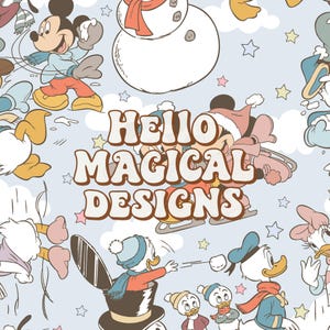 May include: A light blue patterned fabric featuring cartoon characters in winter attire, including a snowman, ice skating, and throwing snowballs. The text HELLO MAGICAL DESIGNS is printed in large, bold, brown letters in the center of the design.