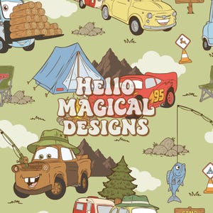 May include: A repeating pattern on a light green background featuring cartoon vehicles, camping gear, mountains, and trees. The text HELLO MAGICAL DESIGNS is centered in white with a brown outline. Elements include a red race car, a blue tent, and a brown truck.