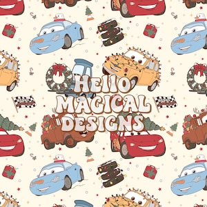 May include: A repeating pattern featuring cartoon cars with holiday themes, including light blue cars with snowman features, yellow cars wrapped in string lights, and red trucks carrying gifts. The text HELLO MAGICAL DESIGNS is centered.