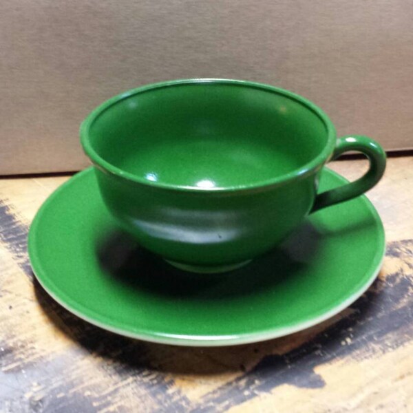 Hazel Atlas Ovide Moderntone Cup and Saucer Set  1950s Green Fired on Platonite