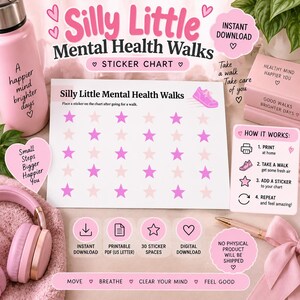 Può includere: Una tabella di adesivi bianca intitolata Silly Little Mental Health Walks con file di stelle rosa e rosa chiaro. La tabella include istruzioni, un'icona di una scarpa da ginnastica rosa e testo che spiega come tracciare le passeggiate.