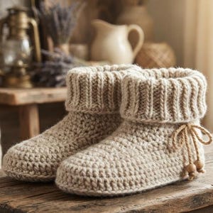 May include: A pair of beige crochet slippers featuring a thick ribbed cuff and a decorative side tie with two small wooden beads. The slippers are crafted with a textured stitch pattern and have a rounded toe design, providing a soft appearance.