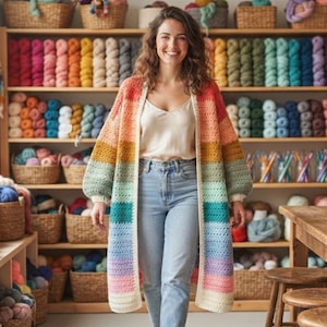May include: A long, open-front crochet cardigan featuring horizontal stripes in a rainbow color palette, worn over a cream-colored camisole and light blue denim jeans. The garment has long, loose sleeves and a straight hemline that falls below the knees.