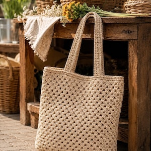 Può includere: Una borsa tote all'uncinetto color beige caratterizzata da un motivo ripetitivo a piastrelle granny con due robusti manici. La borsa è realizzata in filato testurizzato di colore chiaro e presenta una forma rettangolare con apertura superiore.