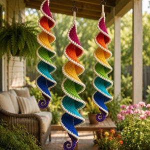 May include: Three hanging spiral decorations made of crocheted yarn in a vibrant rainbow gradient of red, orange, yellow, green, blue, and purple. Each spiral features a white crocheted border along the edge and hangs from a simple loop.