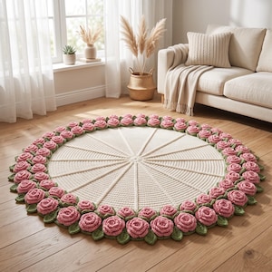 May include: A circular, cream-colored crocheted rug featuring a central radial pattern. The outer edge is decorated with a dense border of three-dimensional, pink crocheted roses and small green leaves, creating a textured floral frame.