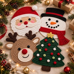 May include: Four crocheted Christmas coasters featuring a Santa Claus with a red hat, a snowman with a black top hat and red scarf, a reindeer with brown antlers, and a green Christmas tree decorated with small red, white, and green spheres.
