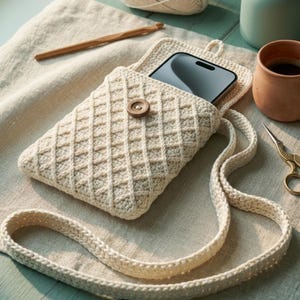 May include: A cream-colored crocheted crossbody phone pouch featuring a diamond-patterned texture, a single wooden button closure, and a long matching strap. The pouch contains a black smartphone and is displayed with a wooden crochet hook.