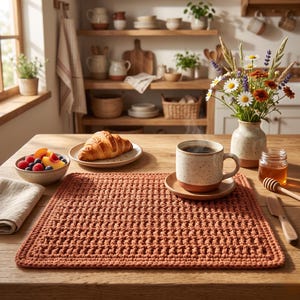 May include: A square, terracotta-colored crochet placemat with a textured, repeating stitch pattern. The placemat is crafted from thick yarn and features a uniform, dense weave, providing a flat surface for dining items on a wooden table.