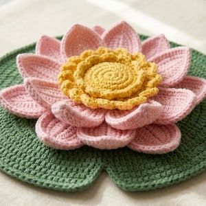 May include: A handcrafted crochet lotus flower resting on a circular green lily pad. The lotus features layered light pink petals surrounding a textured, bright yellow center. The entire piece is constructed with visible yarn stitches.