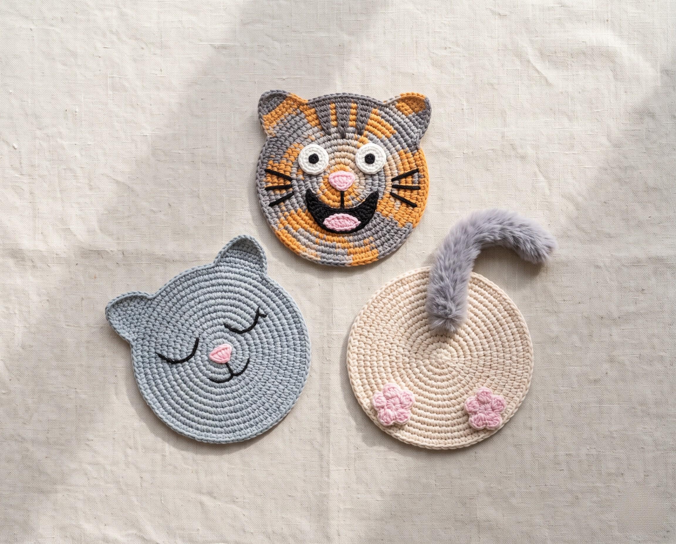 30 Cat Coaster Crochet Patterns for Cat Lovers, Gifts, and Cozy Home Decor 15 Cat Coaster Bundle with Cat Butt, Sleeping Cat, and Laughing Tabby