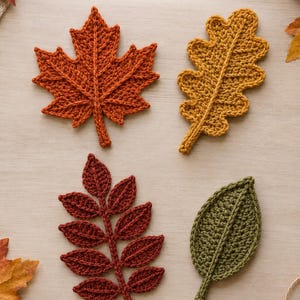 May include: A 4-in-1 crochet leaf pattern titled Autumn Harvest Leaves by Perseus Craft. The image displays four crocheted leaves: a rust-colored maple, a golden-yellow oak, a dark red rowan or ash, and a simple olive green oval leaf.