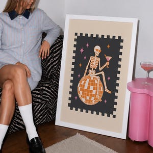 Skeleton Disco Ball Martini Poster: Spooky Season Halloween Print Trendy Bar Cart Decor (Digital Download)