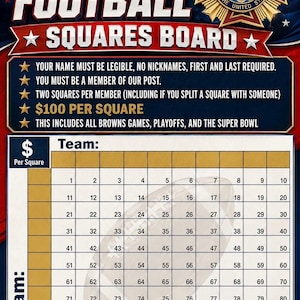 May include: A football squares board featuring the Veterans of Foreign Wars emblem, red, white, and blue graphics, and text including $100 FOOTBALL SQUARES BOARD. The grid contains numbers 1 through 100, with sections for team names and quarter scores.