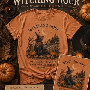 May include: A vintage washed terra cotta t-shirt featuring a graphic of a person in a witch hat sitting among pumpkins near a house. The text reads WITCHING HOUR, COZY SOULS, CRISP AIR, PUMPKINS EVERYWHERE. The shirt is displayed with a matching print.