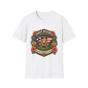 Camiseta con parche de rana del Departamento de Seguridad de Coquí / Diseño de hibisco con la bandera de Puerto Rico