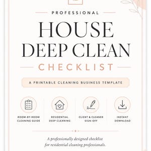 May include: A professional house deep clean checklist template with a soft pink and white color scheme. The document features a house icon, text reading Professional House Deep Clean Checklist, and four circular icons for cleaning services.