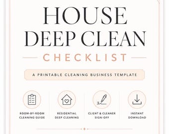 May include: A professional house deep clean checklist template with a soft pink and white colour scheme. The document features a house icon, text reading Professional House Deep Clean Checklist, and four circular icons for cleaning services.