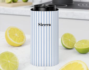 Personalized Blue Seersucker Stripe Can Cooler | Custom Name