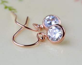 Rose gold cubic zirconia earrings, CZ drop earrings, Tiny rose gold earrings, Rose gold jewellery, Bridesmaid gift, Best selling items