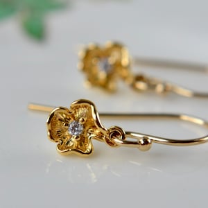 Tiny gold flower earrings with gold filled hooks, Dainty drop earrings, Cz flower stones, Floral jewellery for pierced ears
