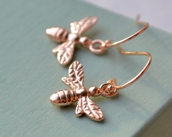 REDUCED Rose gold bee drop earrings, Honeybee jewellery, Beekeeper gift, Rose gold vermeil nature jewellery for woman, Pretty dainty gift