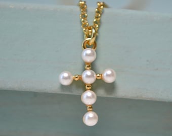 Pearl cross necklace with gold vermeil chain & tiny glass pearl pendant, Religious Christian jewellery, Jewelled cross necklace