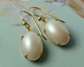 Glass pearl earrings with vintage oval faux pearl drops & gold vermeil hooks, Bridal bridesmaid summer jewellery gift, Classic traditional