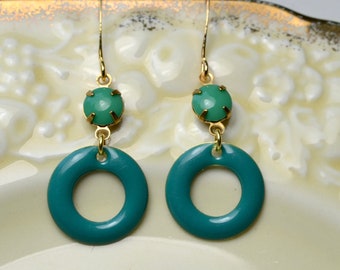 Teal hoop earrings, Retro colour block earrings with green & blue, Geometric enamel circles, Colourful jewellery