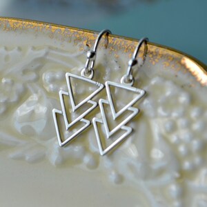 Sterling silver charm earrings with interlocking triangular charms, Modern geometric jewellery