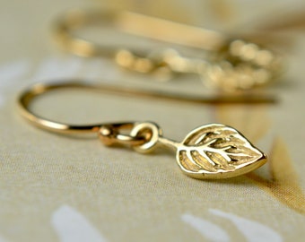 Dainty gold leaf earrings, Everyday minimalist drops for nature lover, Gold vermeil over sterling charms, Gift for mum, daughter, bridesmaid