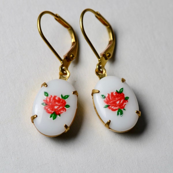 Vintage cameo earrings with red rose oval drops and brass leverbacks, Floral jewellery flower motif oval earrings for women simple stylish