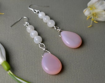 Moonstone & pink glass earrings with sterling silver, white rainbow moonstone gemstones and opalescent pink briolettes, June birthstone