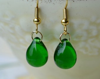 Emerald green teardrop earrings with gold-plated hooks, Czech glass bead earrings, Small and dainty gift for birthday or Christmas