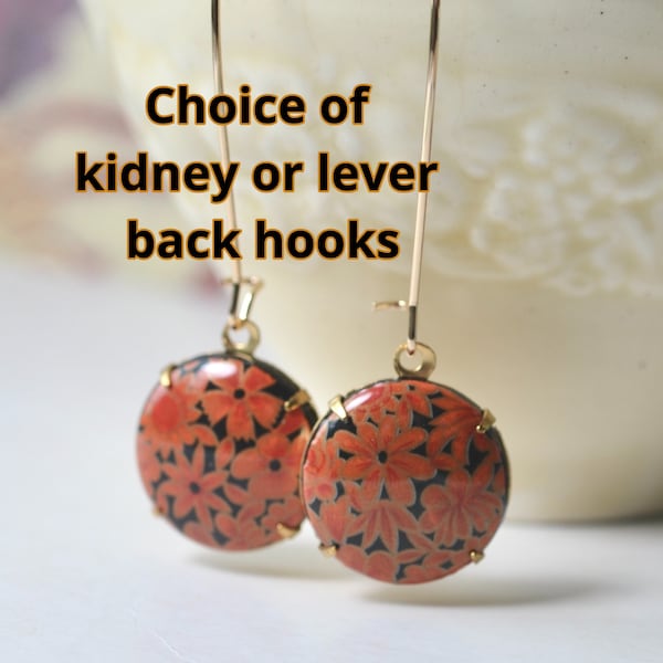 Floral earrings with orange on black abstract design, Vintage West German cabochon beads, Choice of hook, Autumn design jewellery