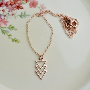 Rose gold vermeil triangle pendant necklace, Interlocking chevrons, Layering jewellery, Dainty delicate minimalist rose gold necklace gift