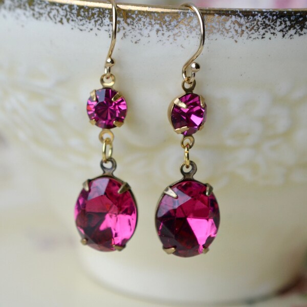 Fuchsia crystal earrings with vintage glass oval stones & gold filled hooks, Sparkly magenta dark pink beads, Deep vibrant colourful drops