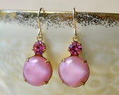 Pink moonstone earrings with vintage glass crystals, Gold filled jewellery, Mid-century style