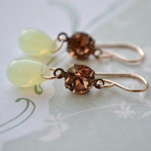 Petite teardrop earrings with topaz crystals & green glass beads, Gold fill hooks