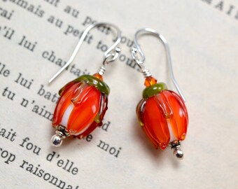 Artisan lampwork rosebud earrings in orange red & white, Sterling silver hooks, Floral gift for Mother or Valentines, Handmade flower beads