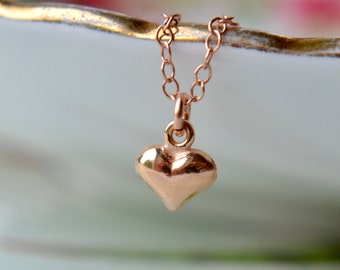 Dainty rose gold heart necklace with tiny rose gold vermeil puffy heart charm on a rose gold fill chain, Loveheart jewellery wife girlfriend