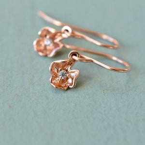 Tiny rose gold flower earrings with cz gems, Small dainty floral charms, Bridesmaid set jewellery, Minimal design petite daisy gifts