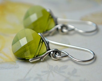 925 Sterling silver olive crystal earrings with green glass briolettes & sterling silver hooks, Sparkly faceted pear shape jewellery