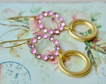 Pink crystal & gold circle earrings with rhinestone studded hoops, Long and sparkly boho mcm jewellery, Wedding or party accessory
