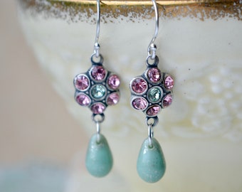 Sage green pearly teardrop & pink crystal flower earrings with sterling silver hooks, Floral cluster vintage style settings, Dainty summer