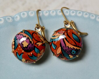 Red floral drop earrings with brass leverbacks & vintage Japanese beads