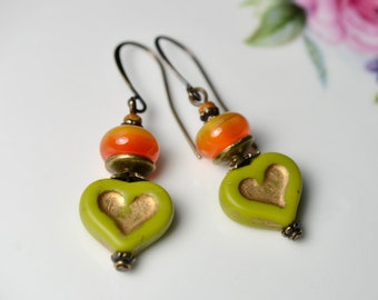 Colourful heart earrings with orange & green beads, Bright large summer lovehearts, Gift with meaning boho bridesmaid wedding prom jewellery